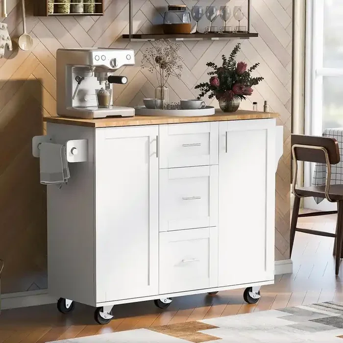 50 in. White Rubber Wood Top Kitchen Island Cart with 3-Drawers, Slide-Out Shelf, Spice Rack, and Wheels