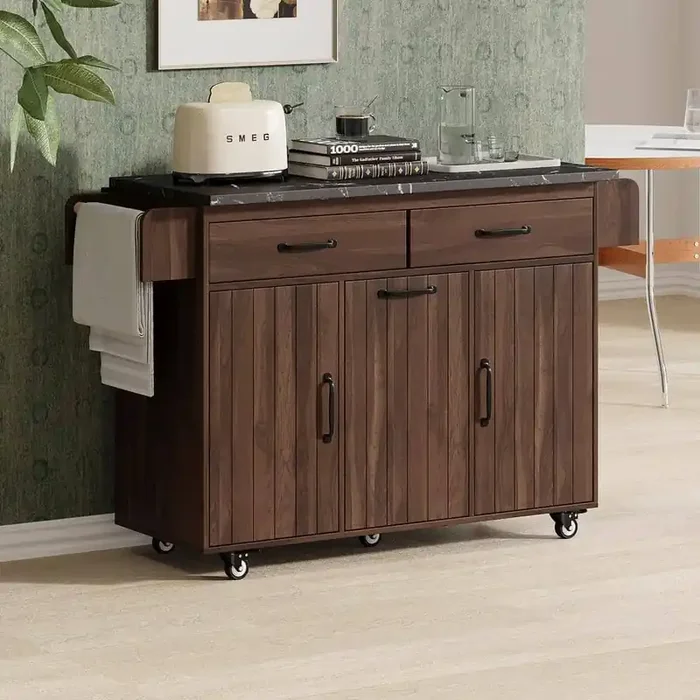51 in. Brown Rubber Wood Top Kitchen Island Cart with Trash Cabinet, Drop Leaf, Towel Rack, Drawer, and Wheels