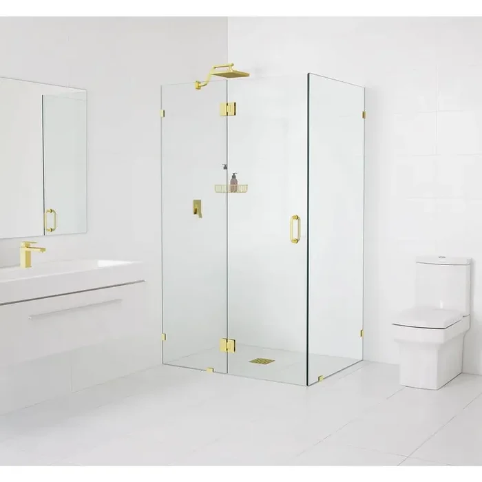 55 in. W x 32 in. D x 78 in. H Pivot Frameless Corner Shower Enclosure in Polished Brass Finish with Clear Glass
