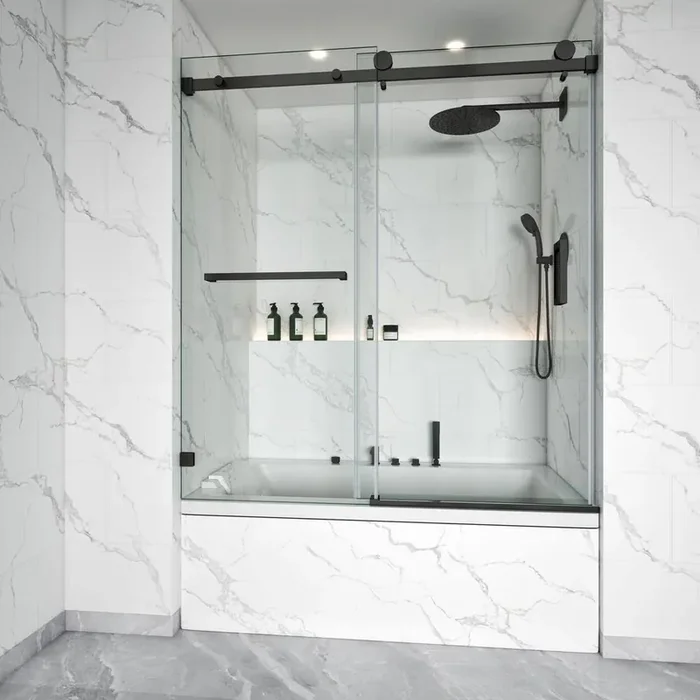 56-60.5 in. W x 60 in. H Single Sliding Frameless Tub Door in Matte Black with 3/8 in. Clear Tempered Glass