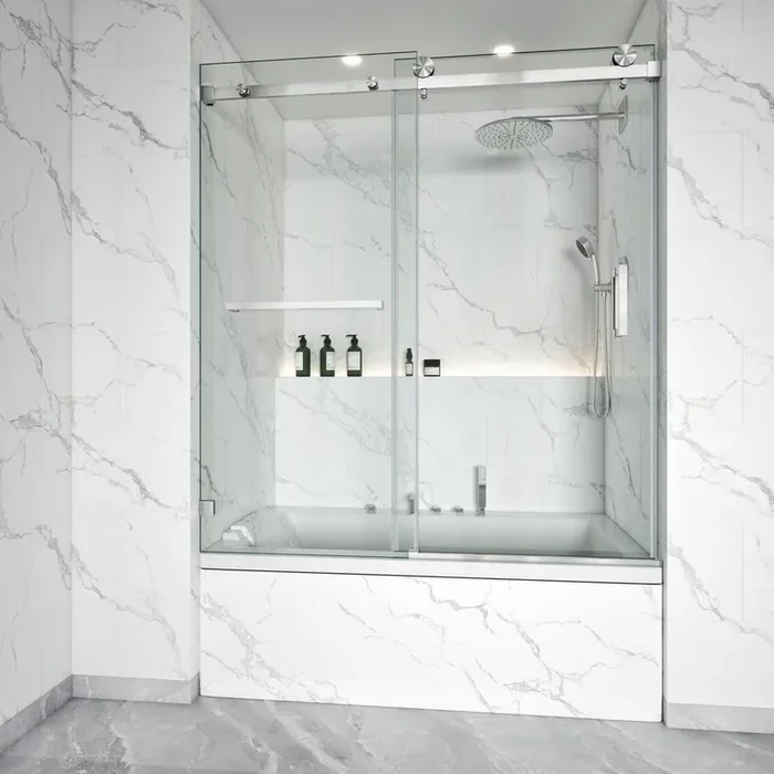 56-60.5 in. W x 66 in. H Single Sliding Frameless Tub Door in Brushed Nickel with 3/8 in. Clear Tempered Glass