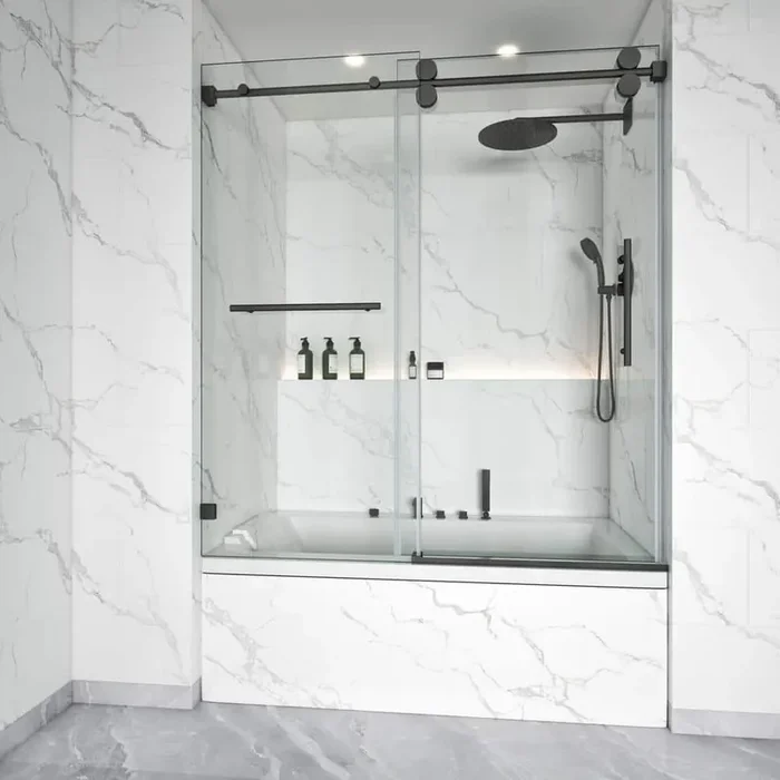 56-60.5 in. W x 66 in. H Single Sliding Frameless Tub Door in Matte Black with 3/8 in. Clear Tempered Glass