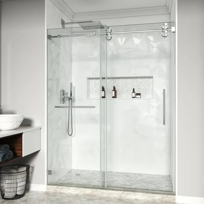 56-60.5 in. W x 76 in. H Single Sliding Frameless Shower Door in Brushed Nickel with 3/8 in. Clear Tempered Glass