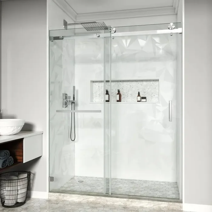 56-60.5 in. W x 79 in. H Single Sliding Frameless Shower Door in Brushed Nickel with 3/8 in. Clear Tempered Glass