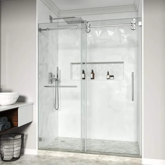 56-60.5 in. W x 79 in. H Single Sliding Frameless Shower Door in Brushed Nickel with 3/8 in. Clear Tempered Glass
