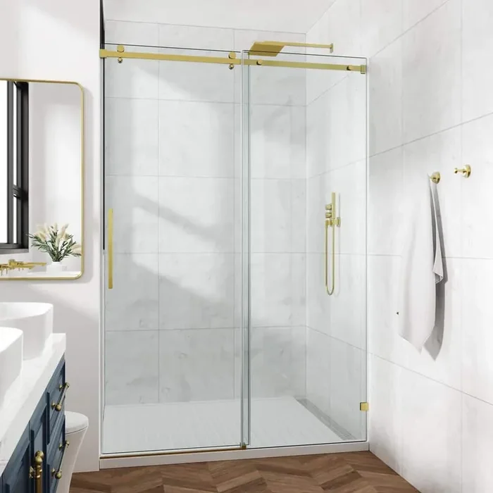 56-60 in. W x 76 in. H Sliding Frameless Shower Door in Gold with Clear Glass