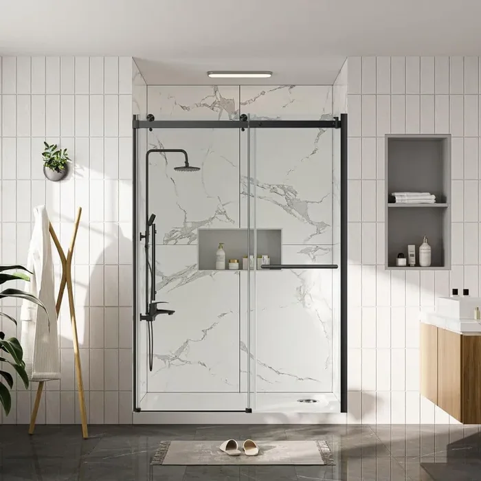 56 to 60 in. W x 75 in. H Frameless Sliding Shower Door, Matte Black, can be Installed on Uneven And Non-Vertical Walls