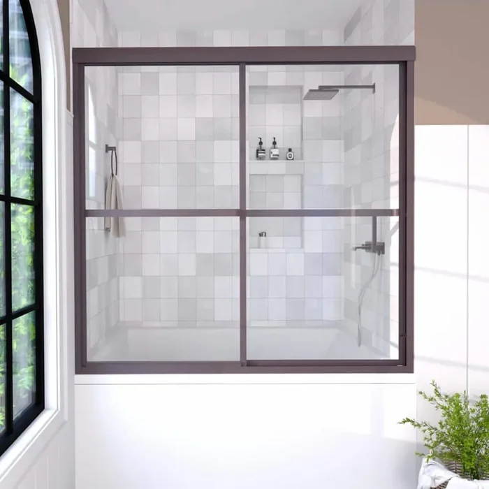 59 in. W x 56 in. H Sliding Tub Door in Oil Rubbed Bronze with Clear Glass Elunir Framed Finish