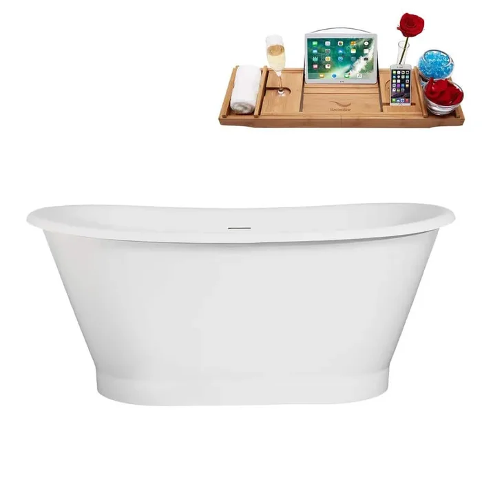 59 in. x 29 in. Acrylic Freestanding Soaking Bathtub in Glossy White with Brushed Gold Drain, Bamboo Tray