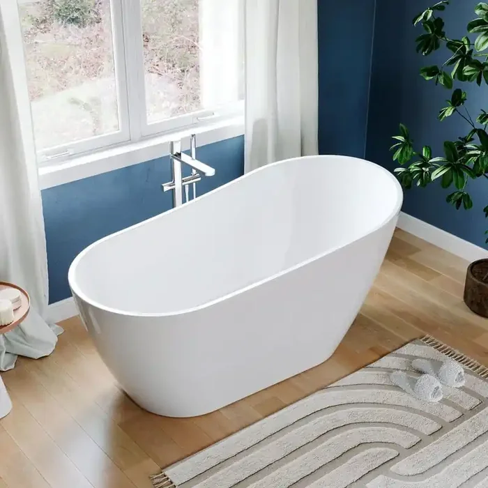 59 in.x 30 in. Acrylic Freestanding Oval Soaking Bathtub in White with Brushed Nickel Overflow and Drain