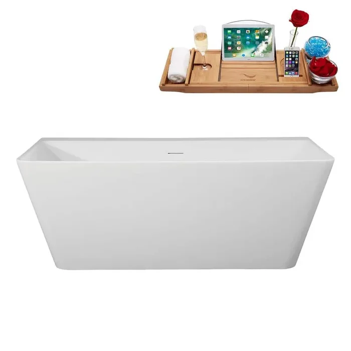 59 in. x 30 in. Acrylic Freestanding Soaking Bathtub in Glossy White With Brushed Brass Drain, Bamboo Tray