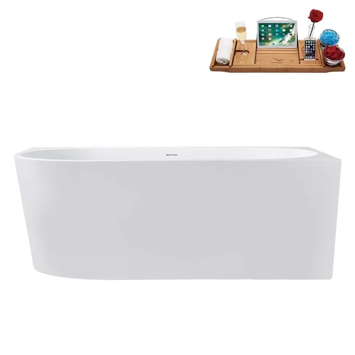 59 in. x 30 in. Acrylic Freestanding Soaking Bathtub in Glossy White with Brushed Gold Drain, Bamboo Tray