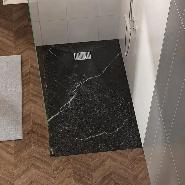 60 in. L x 36 in. W Alcove Shower Pan Base with Reversible Drain Placement Wheel Chair Access Low Profile, Carrara Black