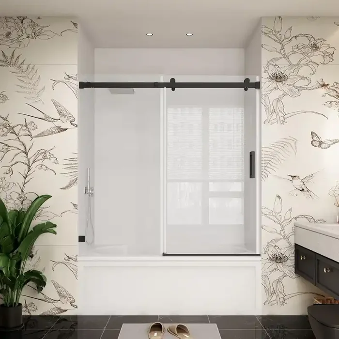 60 in. W x 66 in. H Single Sliding Frameless Soft Close Bypass Bath Tub Door in Matte Black with 3/8 in. Clear Glass