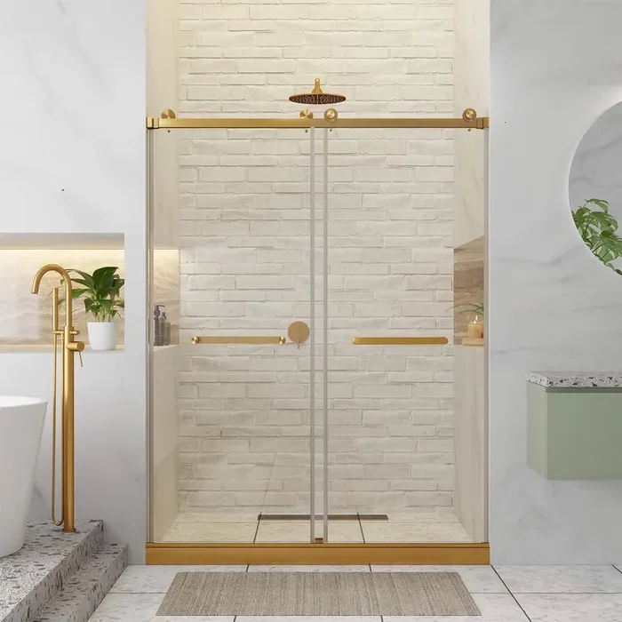 60 in. W x 80 in. H Double Sliding Frameless Shower Door in Satin Brass with Tempered Clear Glass