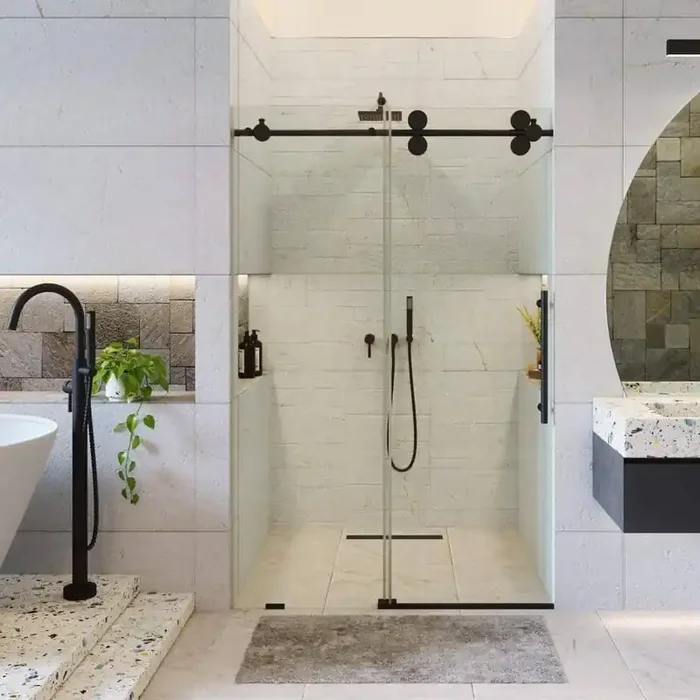 60 in. W x 80 in. H Single Sliding Frameless Shower Door in Black Finish with Tempered Clear Glass
