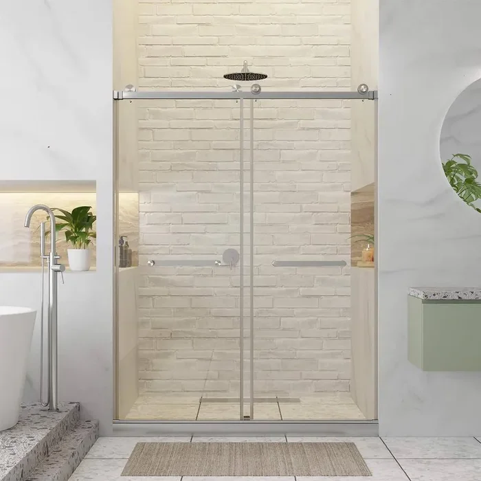 60 in. W x 80 in. H Single Sliding Frameless Shower Door in Satin Nickel Finish with Tempered Clear Glass