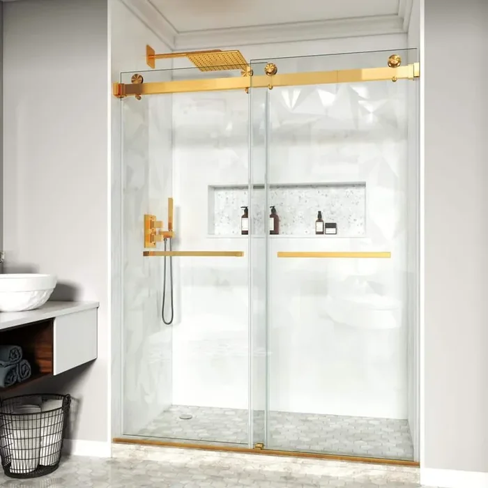 61-67 in. W x 76 in. H Double Sliding Frameless Shower Door in Brushed Gold with 3/8 in. Clear Tempered Glass
