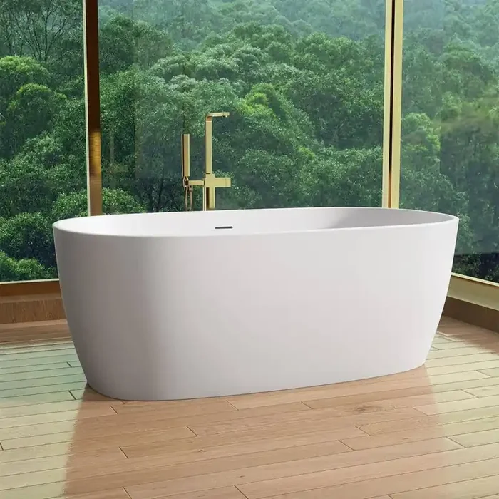 63 in. x 33 in. Solid Surface Soaking Bathtub with Center Drain Free Standing Flat Bottom Artificial Stone Tub in White