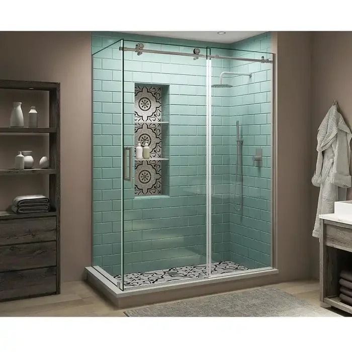 64 in. – 68 in. x 32 in. x 80 in. Frameless Corner Sliding Shower Enclosure Clear Glass in Stainless Steel Left