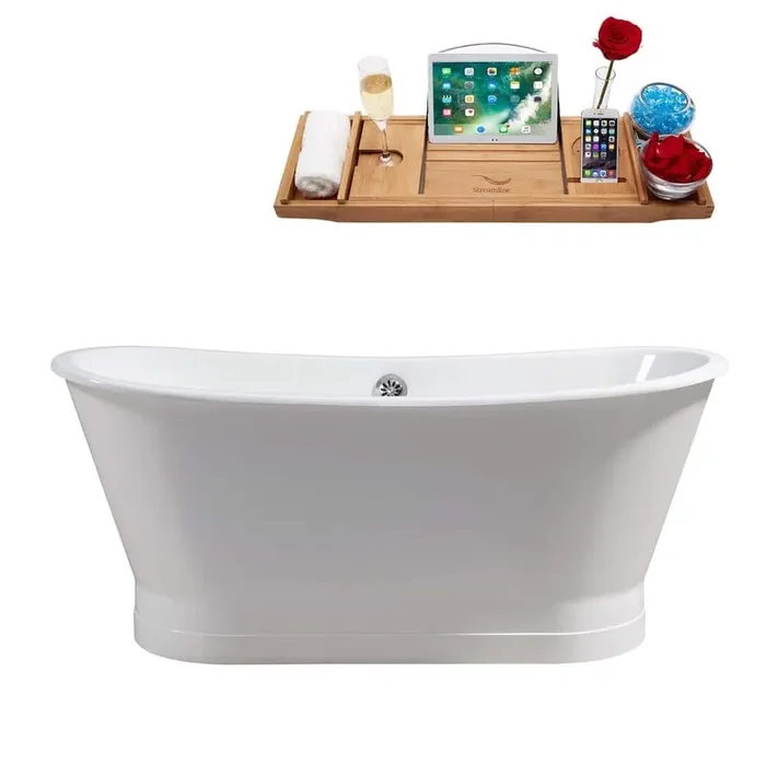 66.9 in. Cast Iron Flatbottom Non-Whirlpool Bathtub in Glossy White with Polished Chrome External Drain and Tray
