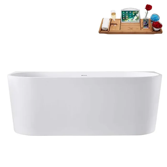 67 in. x 32 in. Acrylic Freestanding Soaking Bathtub in Glossy White with Brushed GunMetal Drain, Bamboo Tray