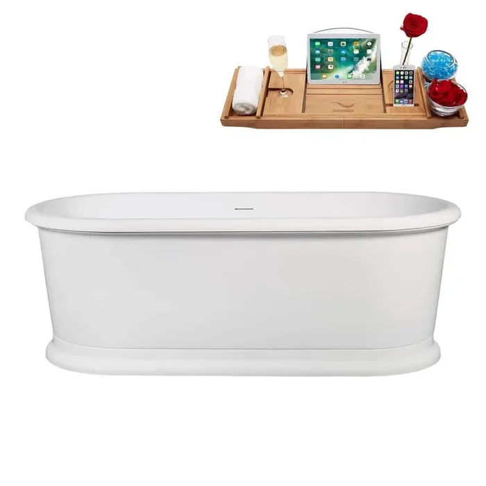 71 in. x 34 in. Acrylic Freestanding Soaking Bathtub in Glossy White Exterior With Brushed Gold Drain, Bamboo Tray