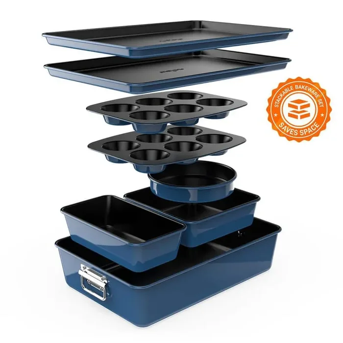 8 Piece Stackable Carbon Steel Bakeware Sets – Non-Stick Coating, Bake Tray Sheet Bakeware Set (Blue)