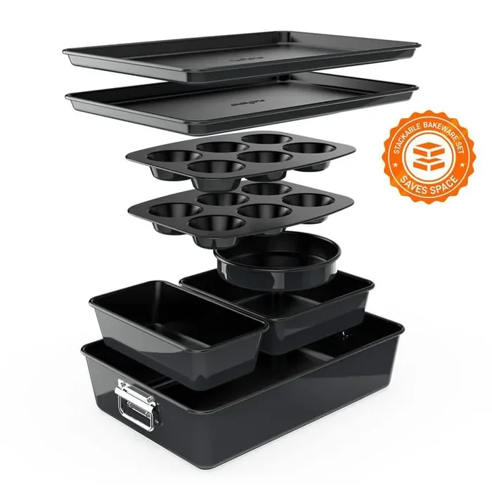 8 Piece Stackable Carbon Steel Bakeware Sets – Non-Stick Coating, Bake Tray Sheet Bakeware Set (Black)