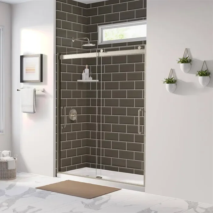 Arelo 56 in. to 60 in. W Semi-Frameless Sliding Shower Door AquaGlideXP Clear Glass, Brushed Nickel Finish