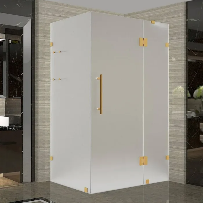 Avalux GS 41 in. x 30 in. x 72 in. Rectangular Pivot Frameless Corner Shower Enclosure Brushed Gold with Frosted Glass