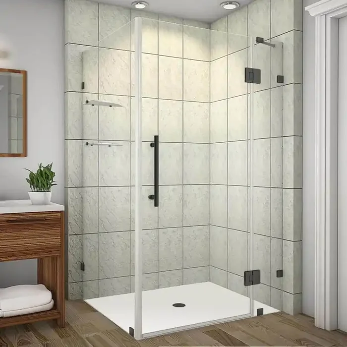 Avalux GS 44 in. x 32 in. x 72 in. Rectangular Pivot Frameless Corner Shower Enclosure in Matte Black with Clear Glass