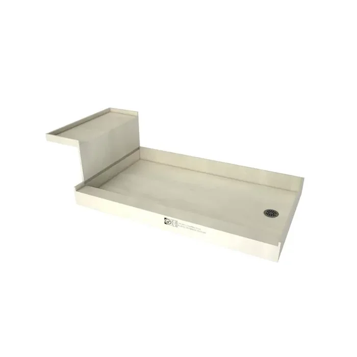 Base‘N Bench 60 in. L x 36 in. W Alcove Shower Pan Base and Bench with Right Drain and Brushed Nickel Drain Plate