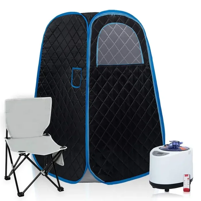 Black Foldable Portable Steam Sauna, Personal Sauna Tent with 1000w 2.2L Steamer, Folding Chair and Remote Control