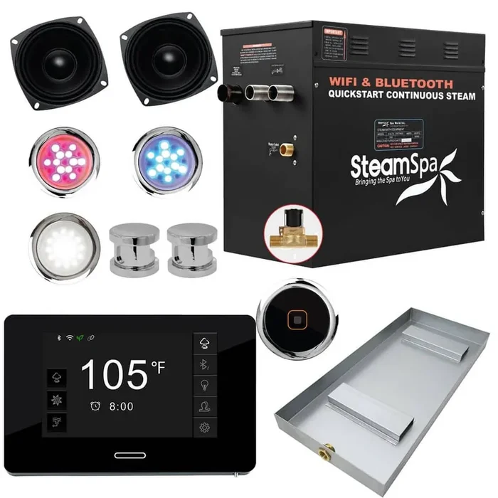Black Series 12kW Steam Bath Generator with Wireless Bluetooth/Wifi Operation and Auto Drain in Polished Chrome
