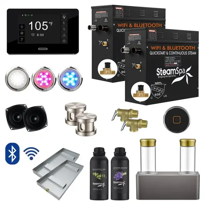 Black Series 15kW Steam Bath Generator with Wireless Bluetooth/Wifi Operation and Auto Drain in Brushed Nickel