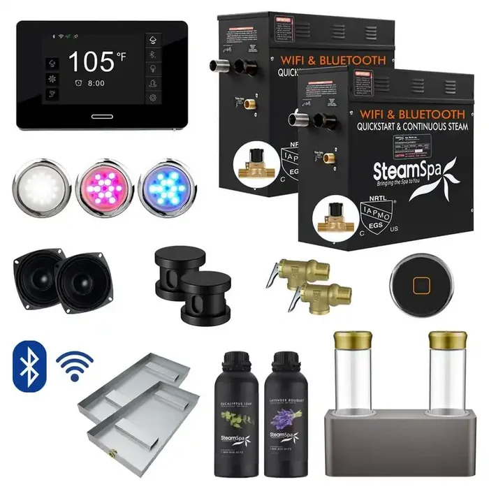 Black Series 15kW Steam Bath Generator with Wireless Control Bluetooth/Wifi Operation and Auto Drain in Matte Black