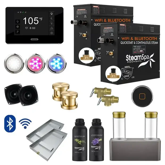 Black Series 18kW Steam Bath Generator with Wireless Control Bluetooth/Wifi Operation and Auto Drain in Gold