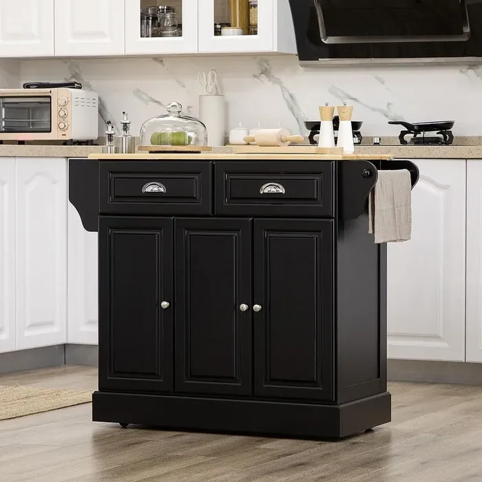 Black Smooth Rubber Wood Top 17.8 in. Kitchen Island Cart with 3 Door Cabinet and 2 Drawers
