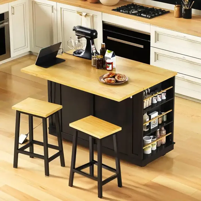 Black Wood 48 in. Kitchen Island on Wheels with 2 Bar Stools, Power Outlet, Internal Storage Rack, Kitchen, Dining Room