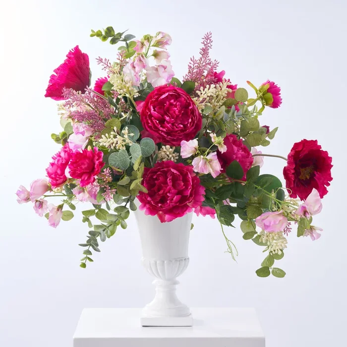 Blooming Season – Beauty Peony, Fuchsia Poppy, Lilac & Sweet Pea with Mixed Eucalyptus Spring Summer Arrangement Centerpiece