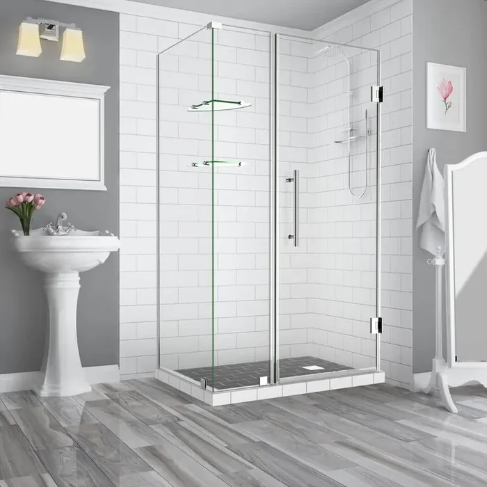 Bromley GS 35.25 to 36.25 x 30.375 x 72 in Frameless Corner Hinged Shower Enclosure w/ Glass Shelves in Chrome