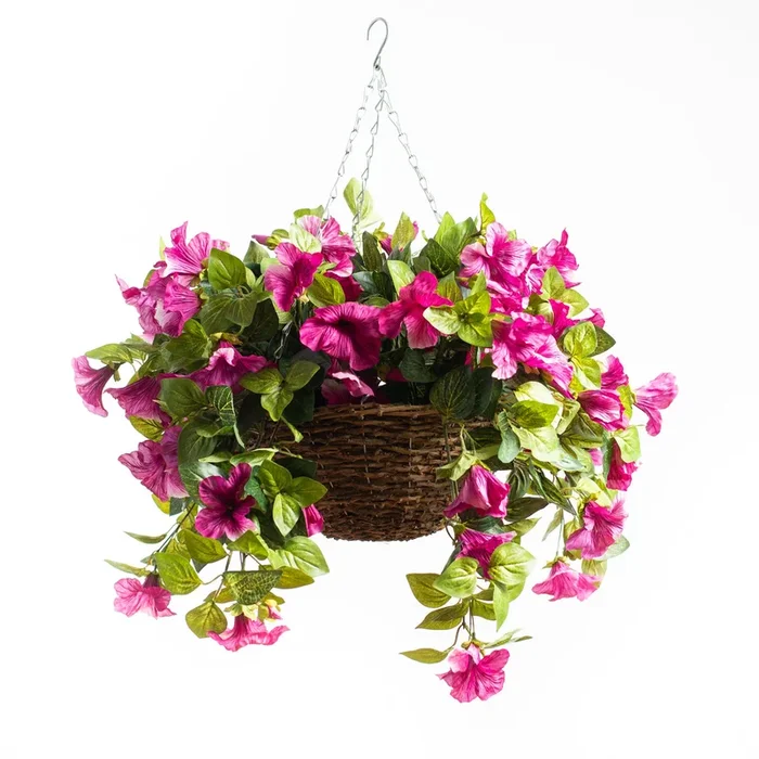 Cascading Magenta Petunia Artificial Plant in Round Rattan Hanging Basket