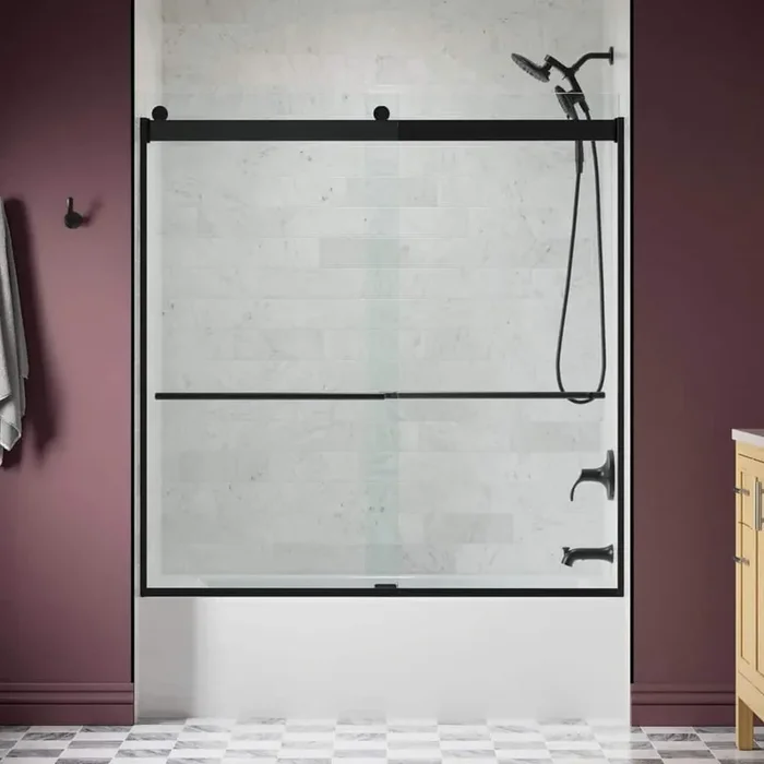 Claro 57 – 60 in. W x 62 in. H Frameless Sliding Tub Door in Matte Black with 1/4 in. thick Crystal Clear Glass