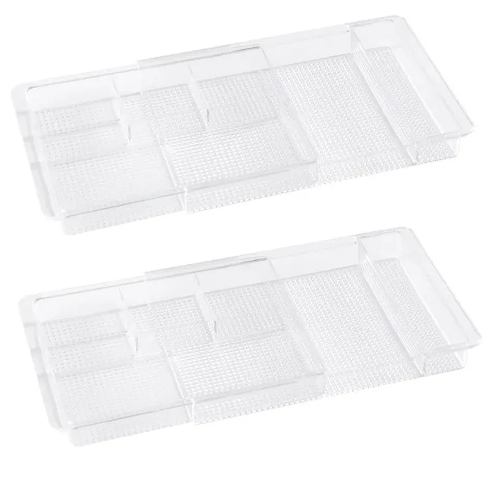 Clear Plastic 11.1 in. to 19.2 in. Width x 1.3 in. Height Expandable Drawer Organizer for Cosmetic Storage
