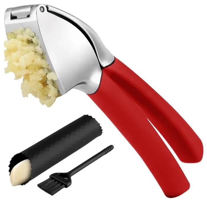 Comfort Grip Garlic Press with Peeler and Brush-Red