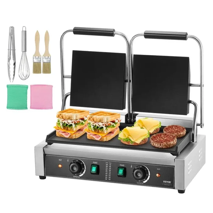 Commercial Panini Grill 3600W Electric Sandwich Panini Maker Stainless Steel Double Sandwich Press, Silver