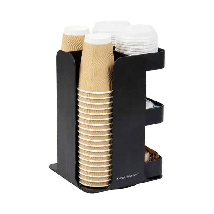 Cup Condiment Carousel, Countertop Organizer, Coffee Bar Accesories, Stirrers, 8 in. L x 8 in. W x 12 in. H, Black