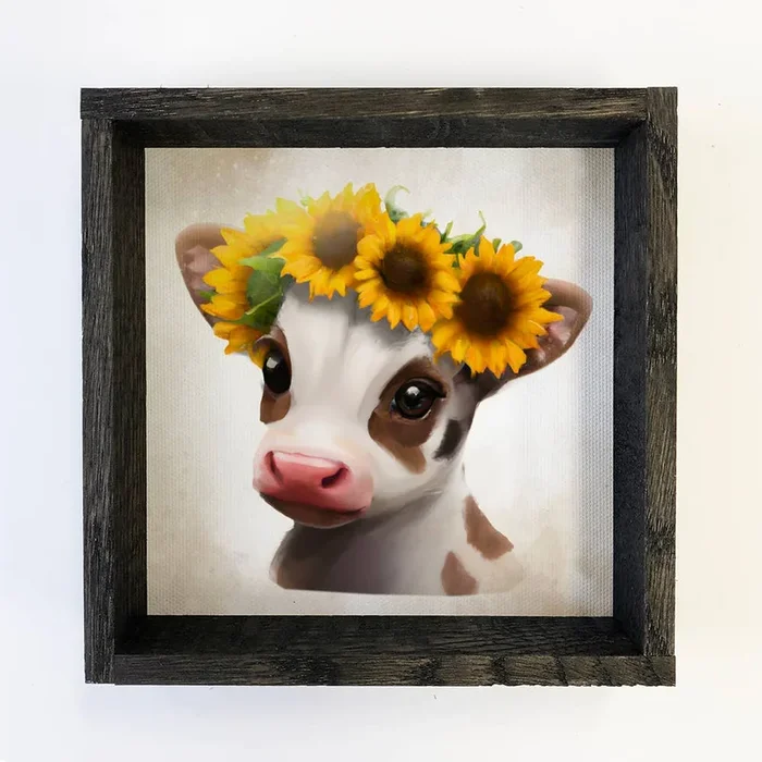 Cute Cow Farmhouse Sign – Baby Calf with Sunflowers Art
