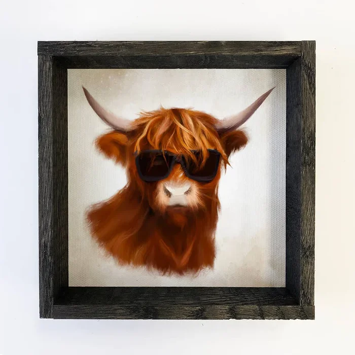 Framed Cow Painting with Sunglasses – Scottish Highland Cow